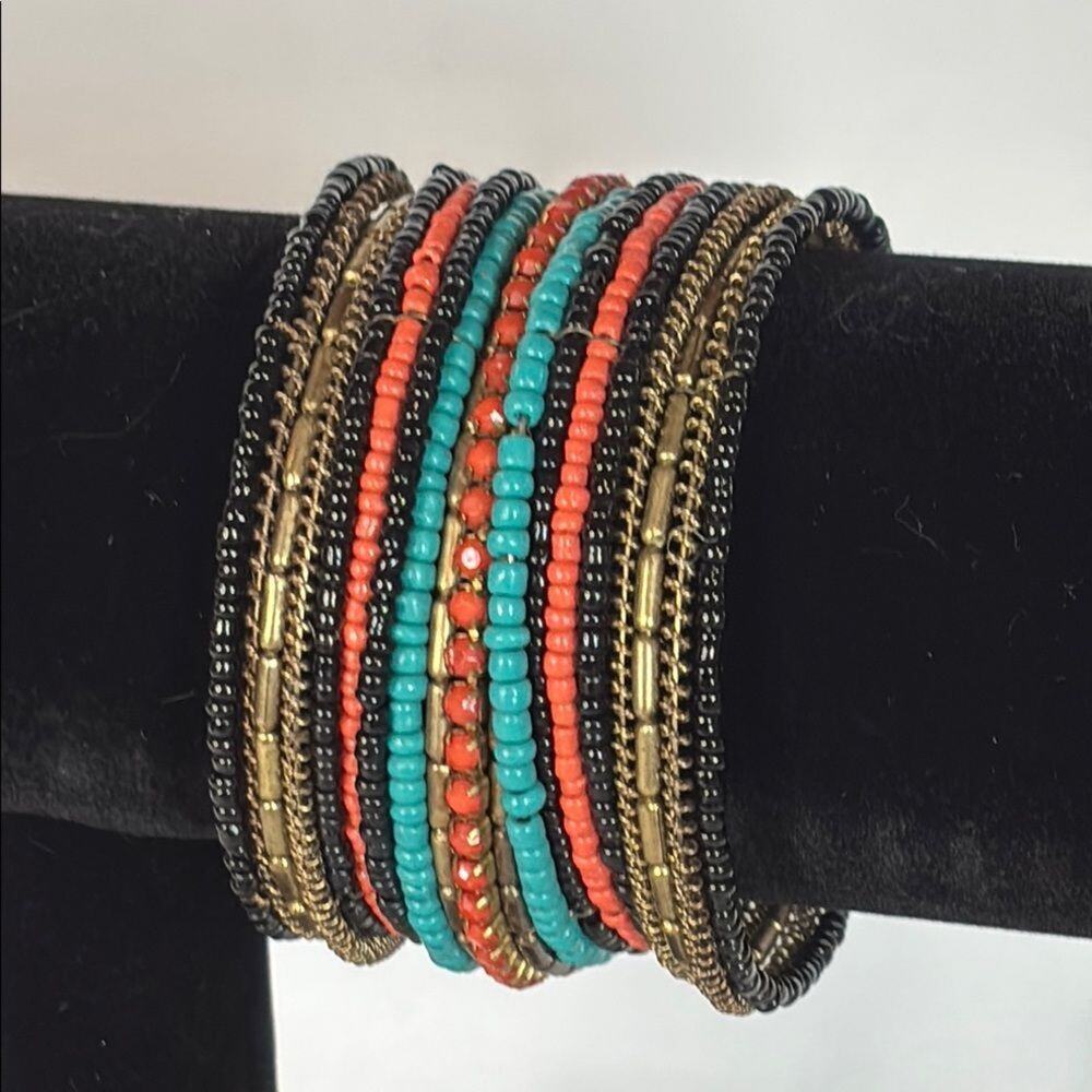 Boho Multicolor Beaded Cuff Bracelet Turquoise Coral Bronze Layered Wrap Style